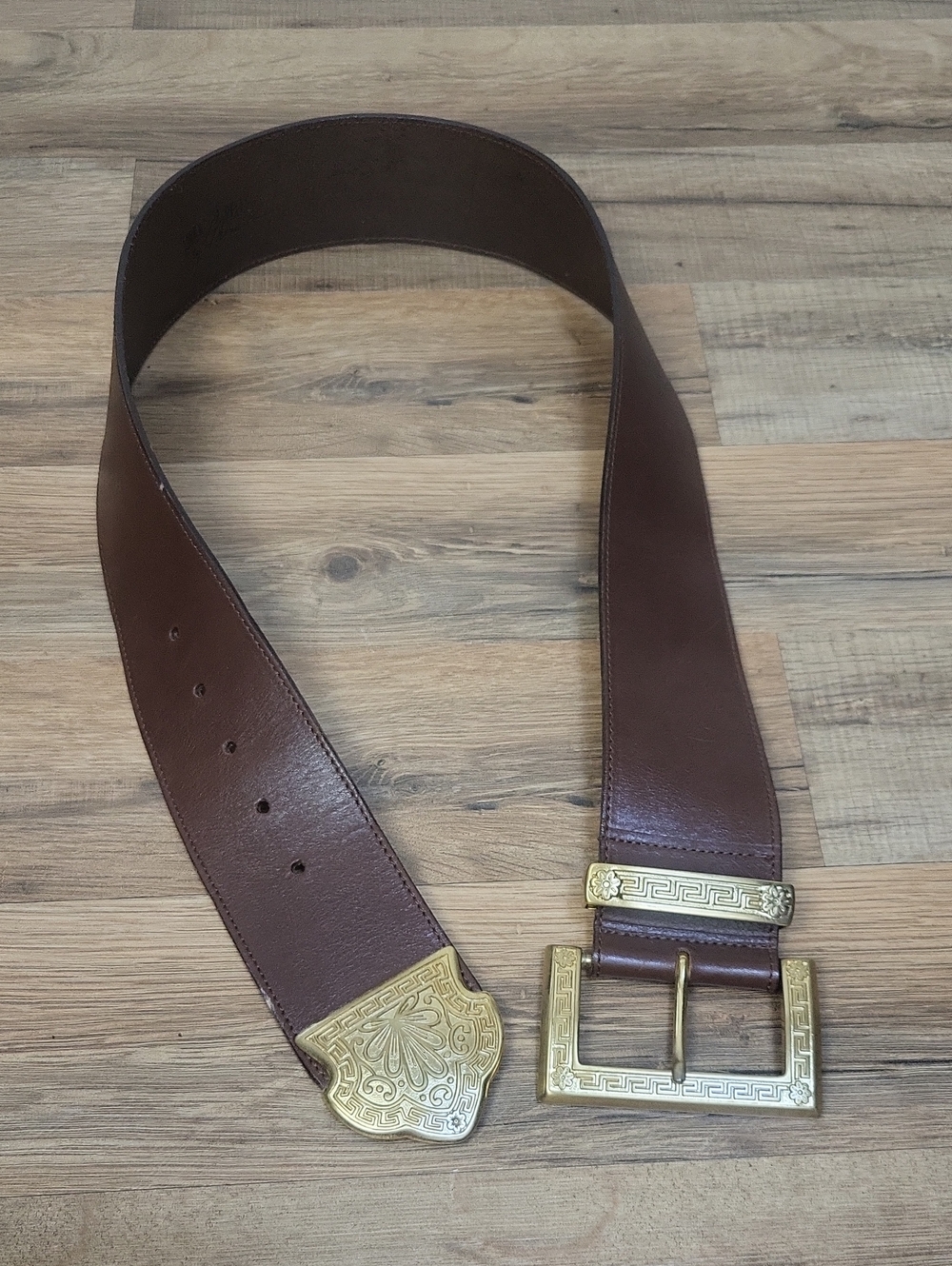 LINEA PELLE MIRA K Designer Brown Wide Ornate Brushed Gold Buckle Belt